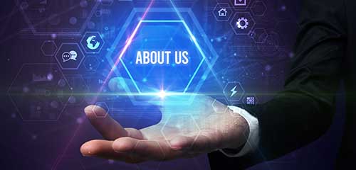 Business concept of man holding an about us hologram